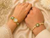 Royal Green Meenakari Bhai Bhabhi Rakhi Set with Floral Watch Rakhi + Roli chawal+chocolates +message card