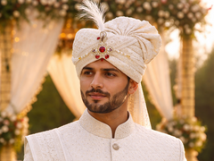 Ivory Embroidered Groom’s Pagdi with Safa & Pearl Kalgi