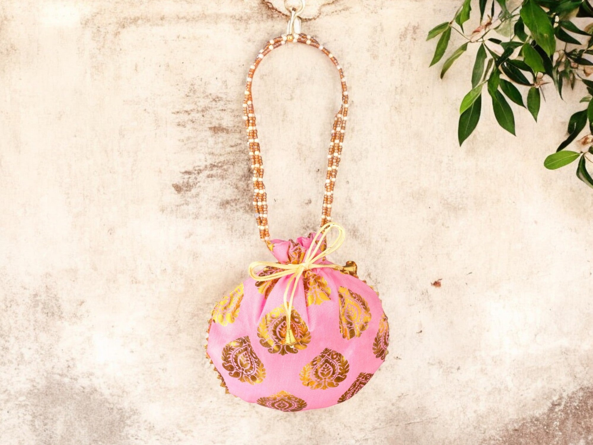 Bail Round Potli Bag with Pearl Beaded Handle - Pink - Image 1