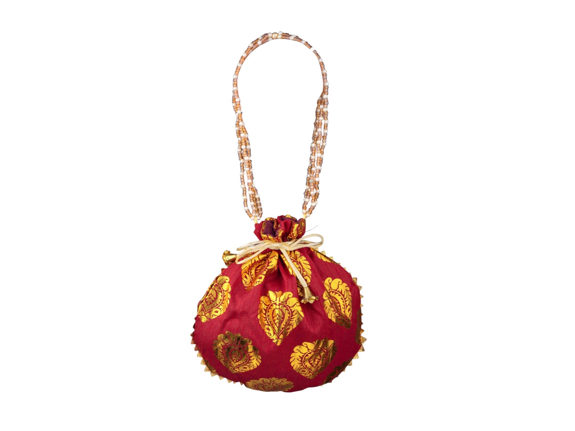 Bail Round Potli Bag with Pearl Beaded Handle - Peach - Image 2