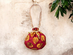 Bail Round Potli Bag with Pearl Beaded Handle - Peach - Image 1