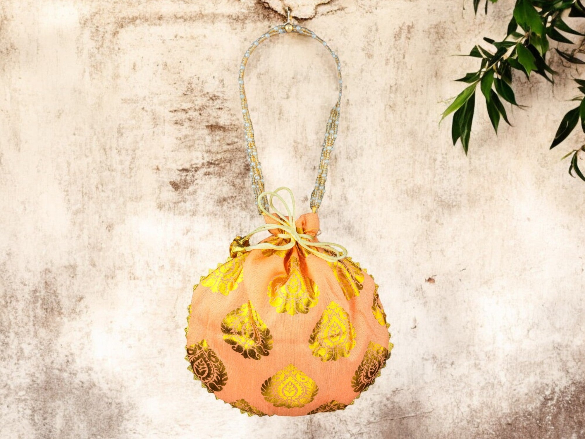 Bail Round Potli Bag with Pearl Beaded Handle - Baby-Pink - Image 1