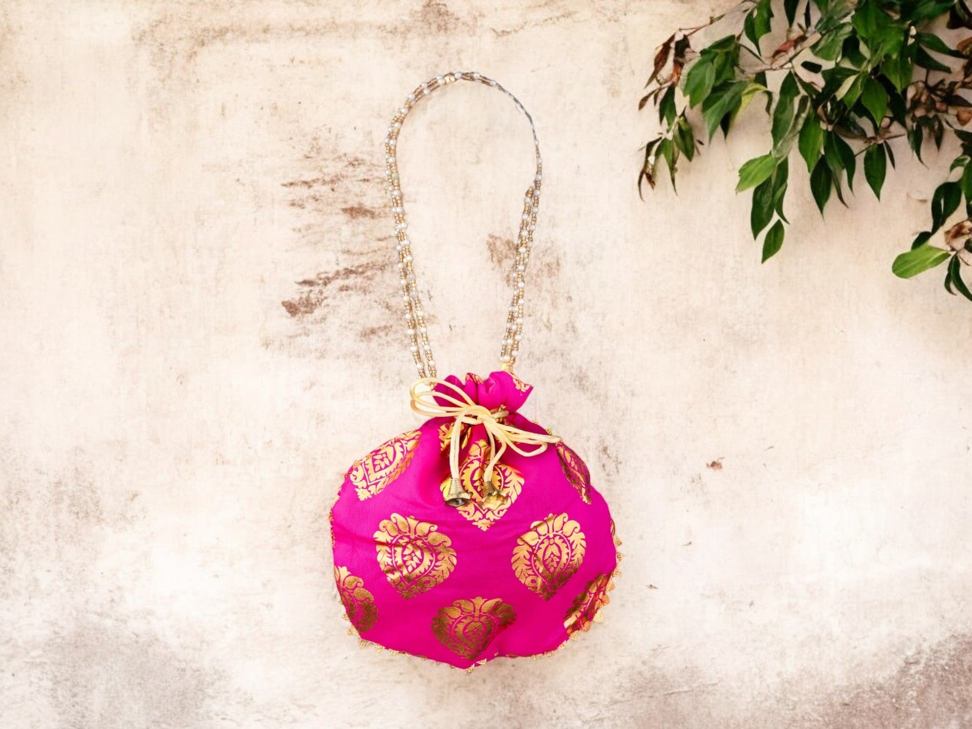 Bail Round Potli Bag with Pearl Beaded Handle - Yellow - Image 1