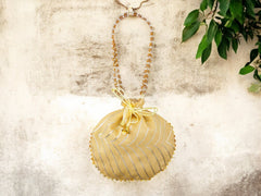 Bandhani Style Round Potli Bag with Golden Handle - Cream
