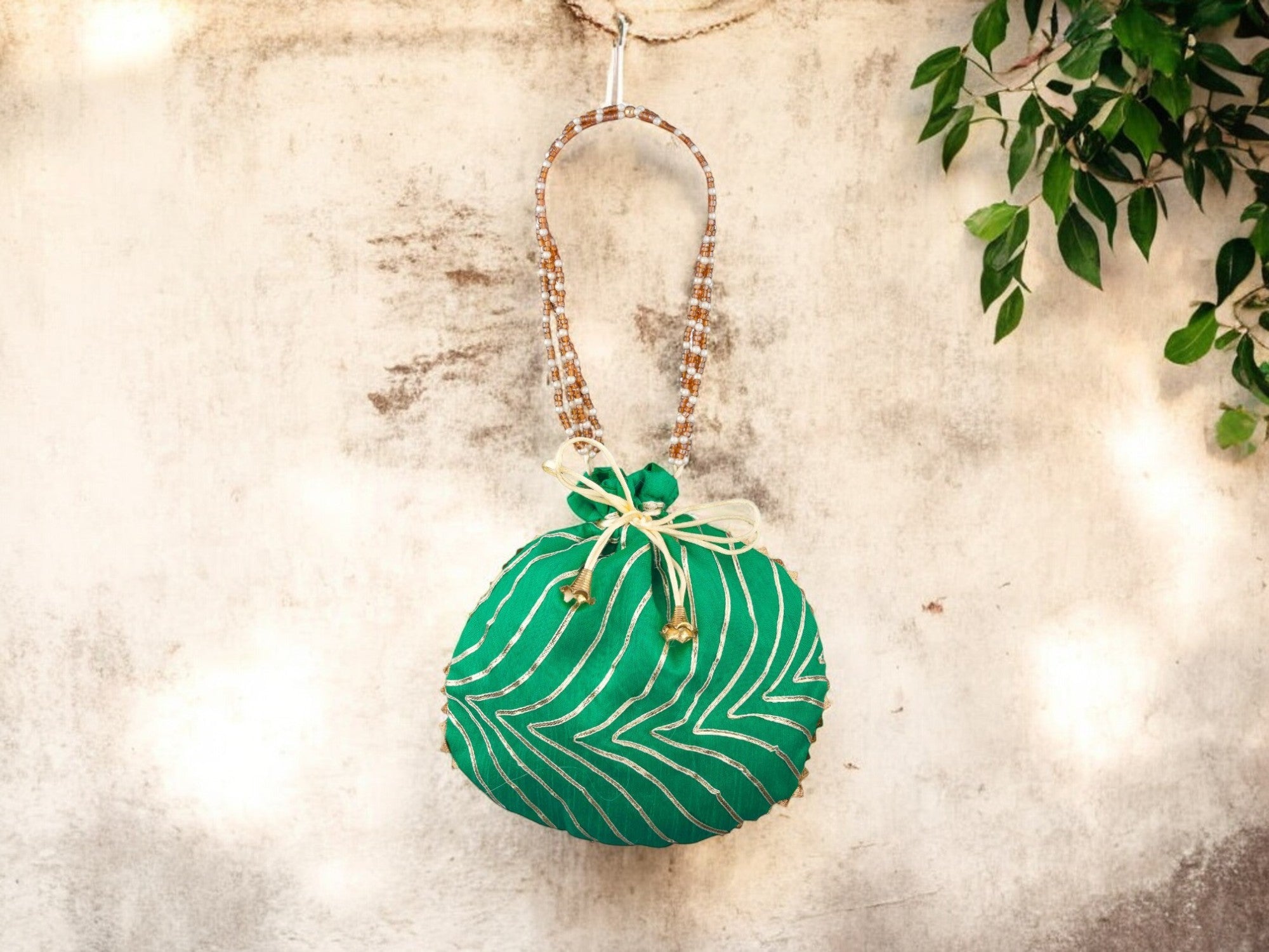 Bandhani Style Round Potli Bag with Golden Handle - Green - Image 1