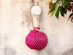 Bandhani Style Round Potli Bag with Golden Handle - Pink - Image 1