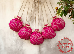 Bandhani Style Round Potli Bag with Golden Handle - Pink