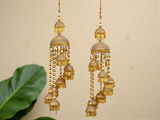 Royal Golden Bridal Kaleera with Multi-Dome Pearl Chains and Leaf Tassels