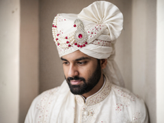 White with Rani Pink Embroidered Groom Pagdi – Royal Safa with Stone Klagi