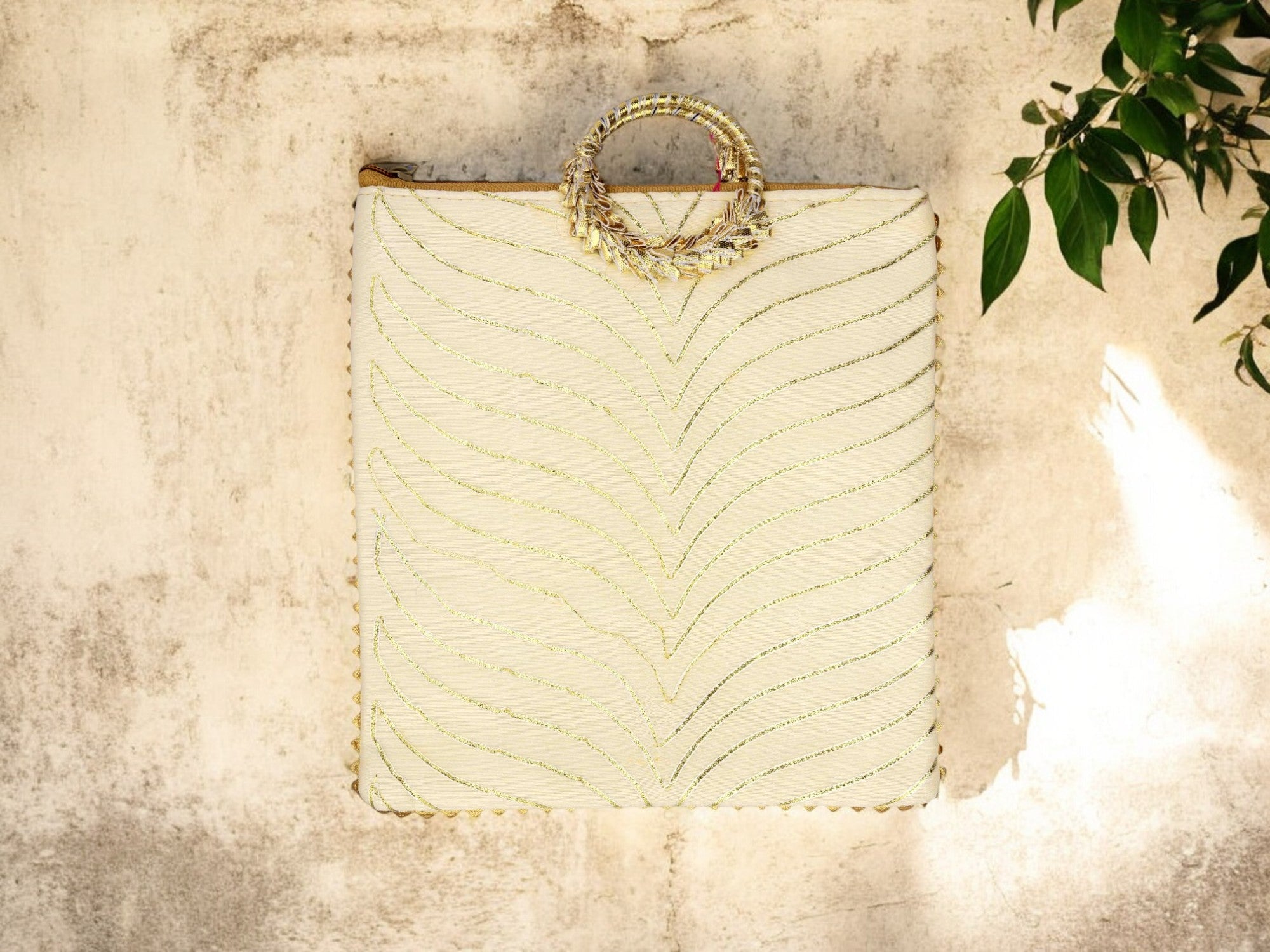 Chevron Bag with Ring Handle - Beige - Image 1