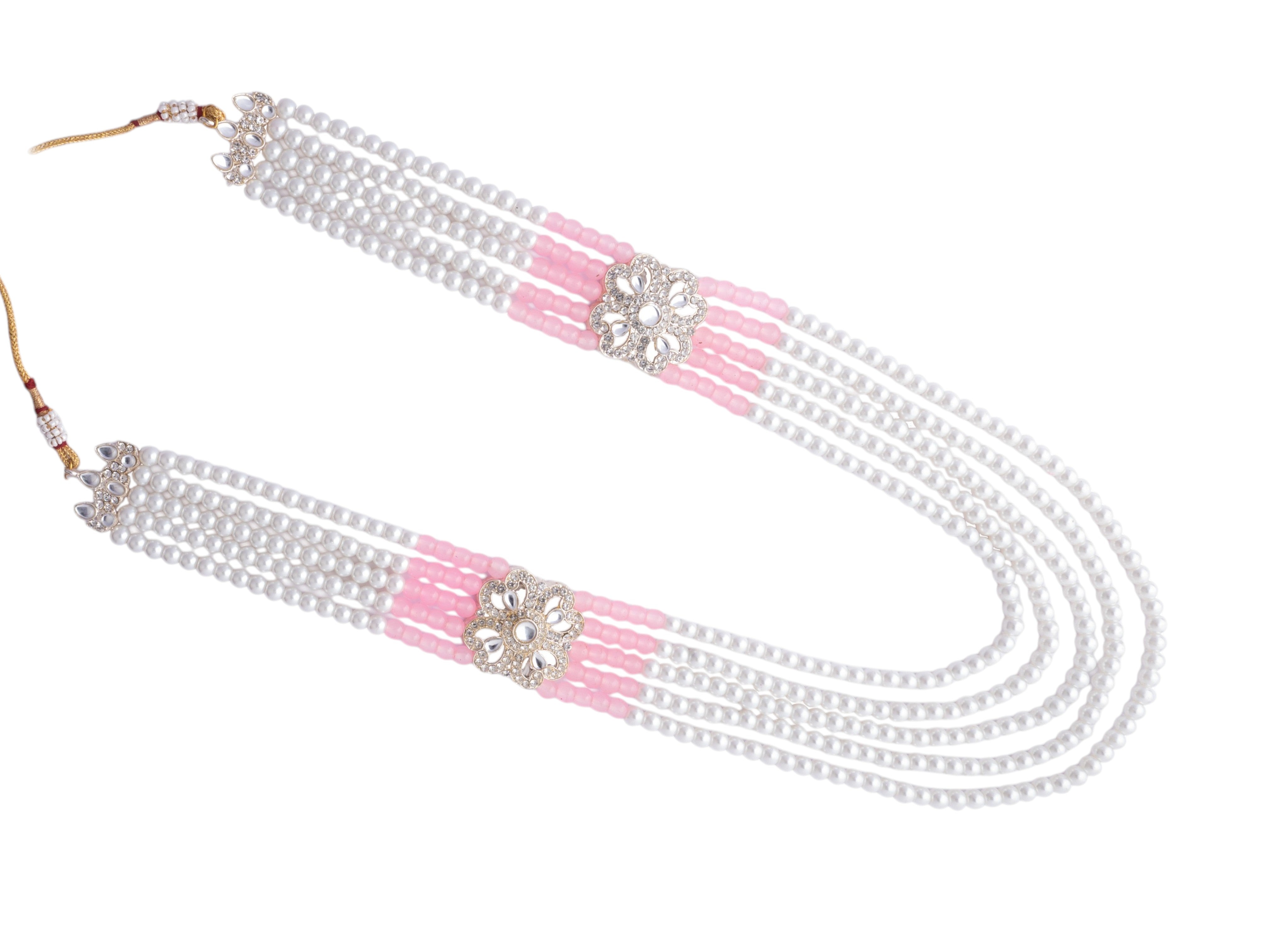 Classic Beaded Groom’s Mala with Floral Motifs - Pink