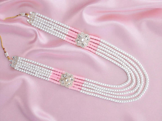 Classic Beaded Groom’s Mala with Floral Motifs - Pink