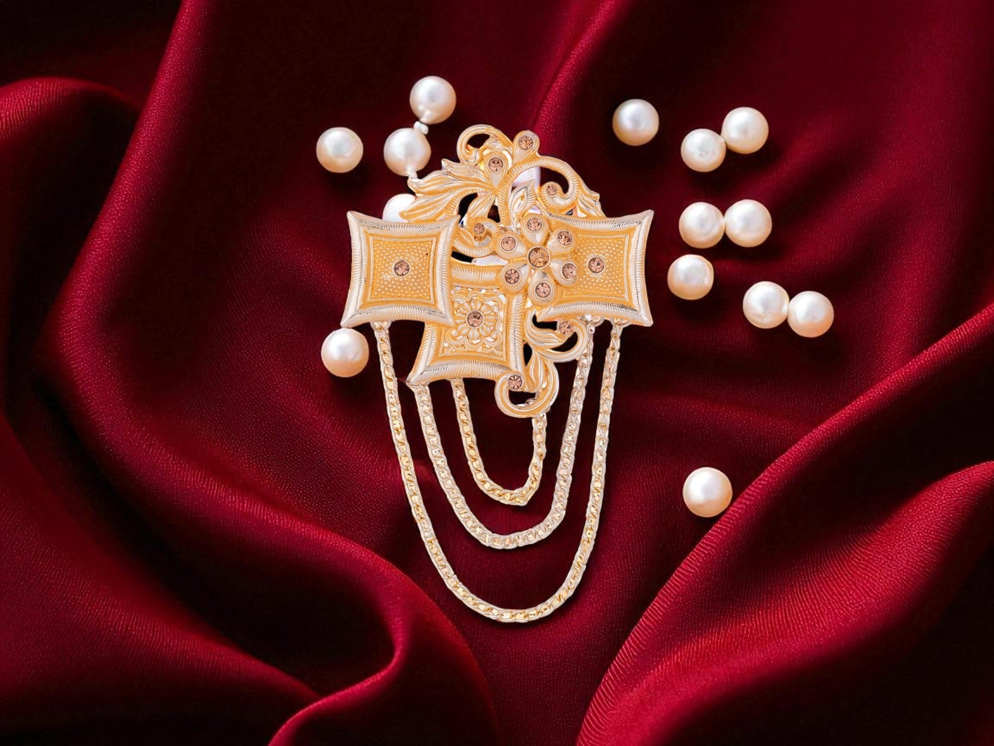 Royal Pearl & Kundan Groom's Brooch - Peach