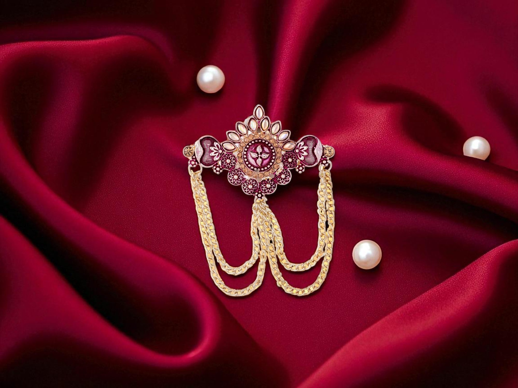 Royal Pearl & Kundan Groom's Brooch - Peach