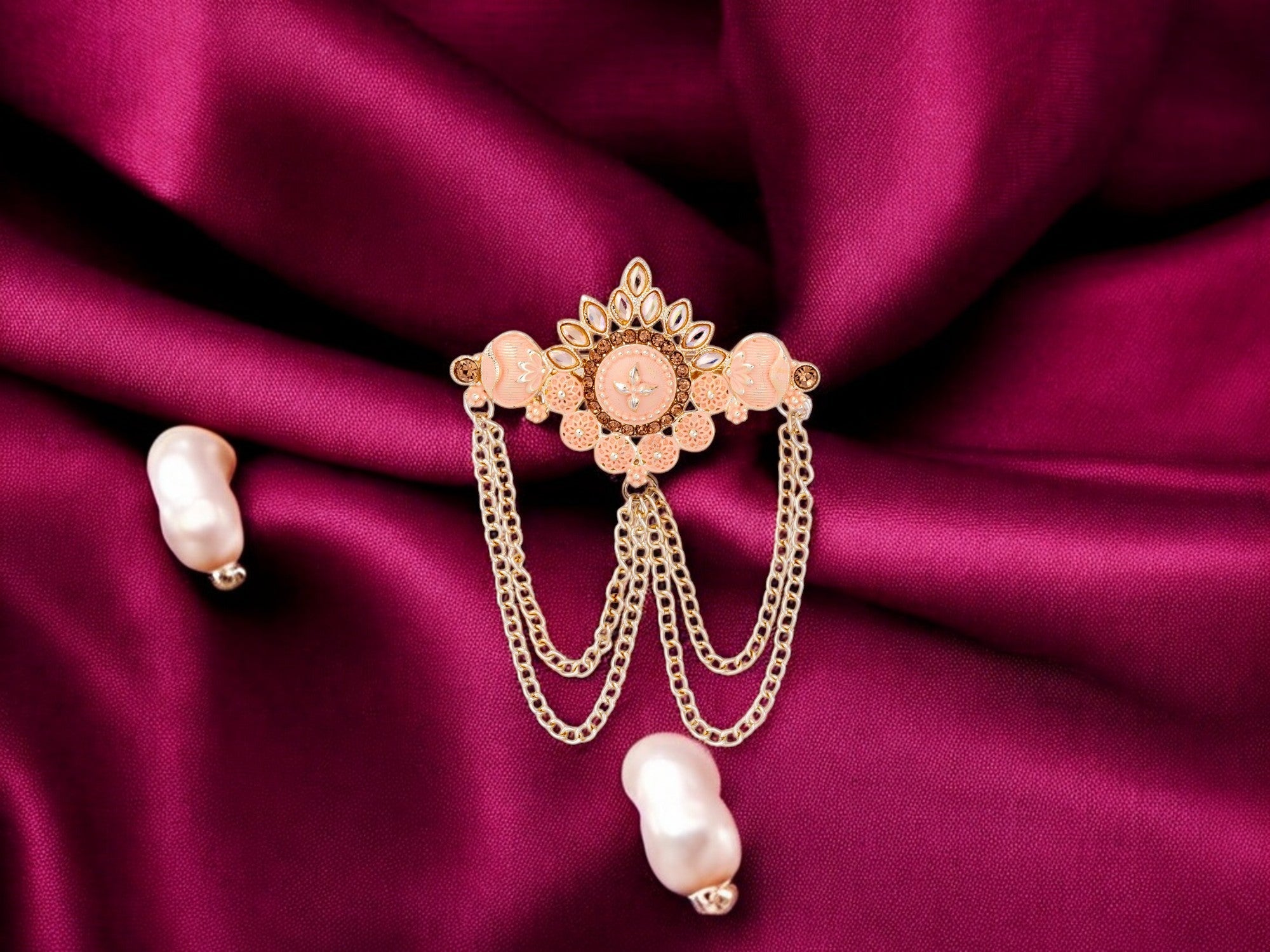 Royal Pearl & Kundan Groom's Brooch - Peach