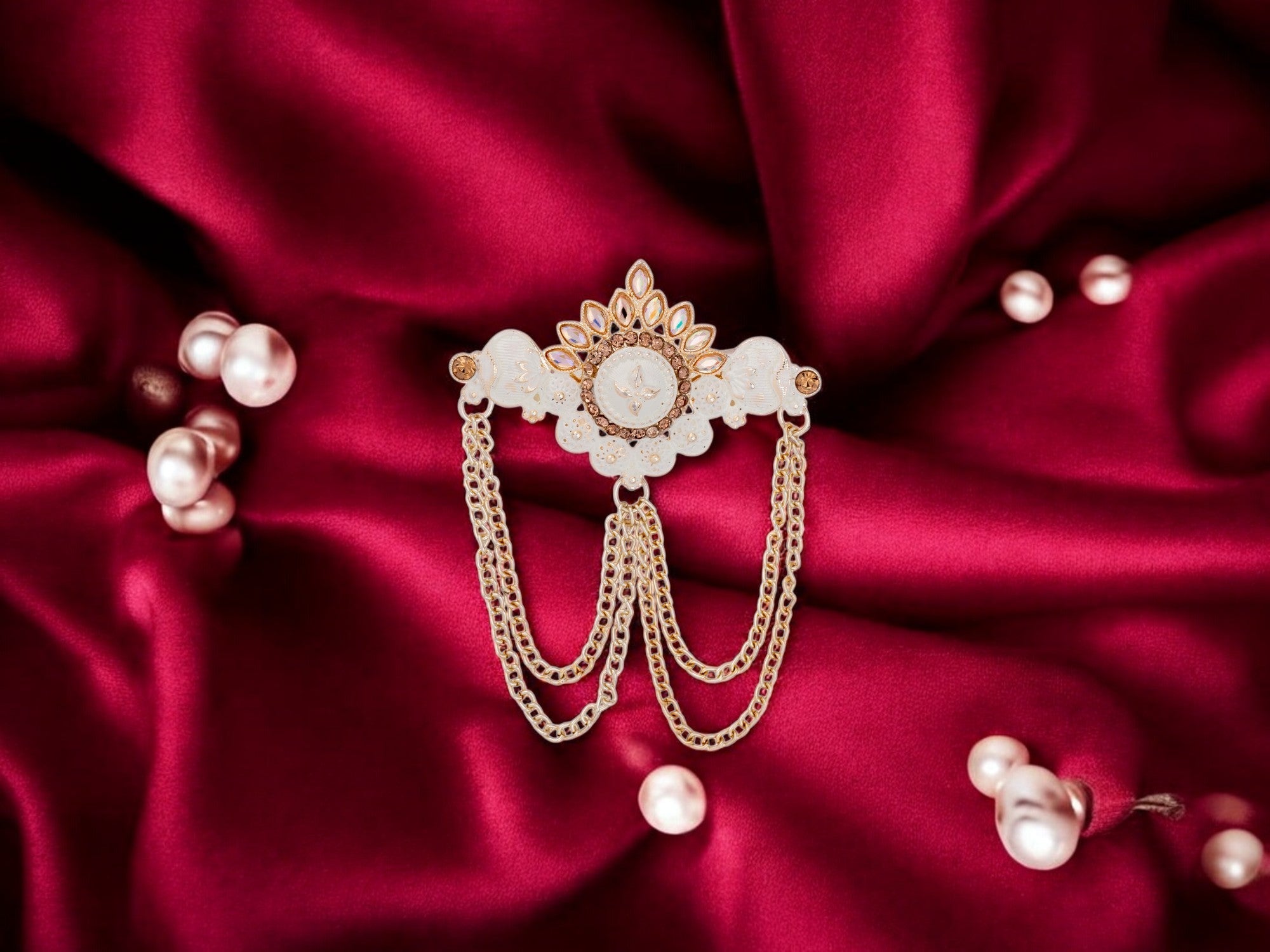 Royal Pearl & Kundan Groom's Brooch - Peach
