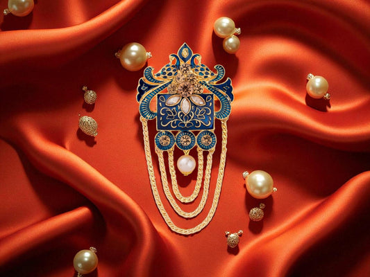 Royal Pearl & Kundan Groom's Brooch - Peach