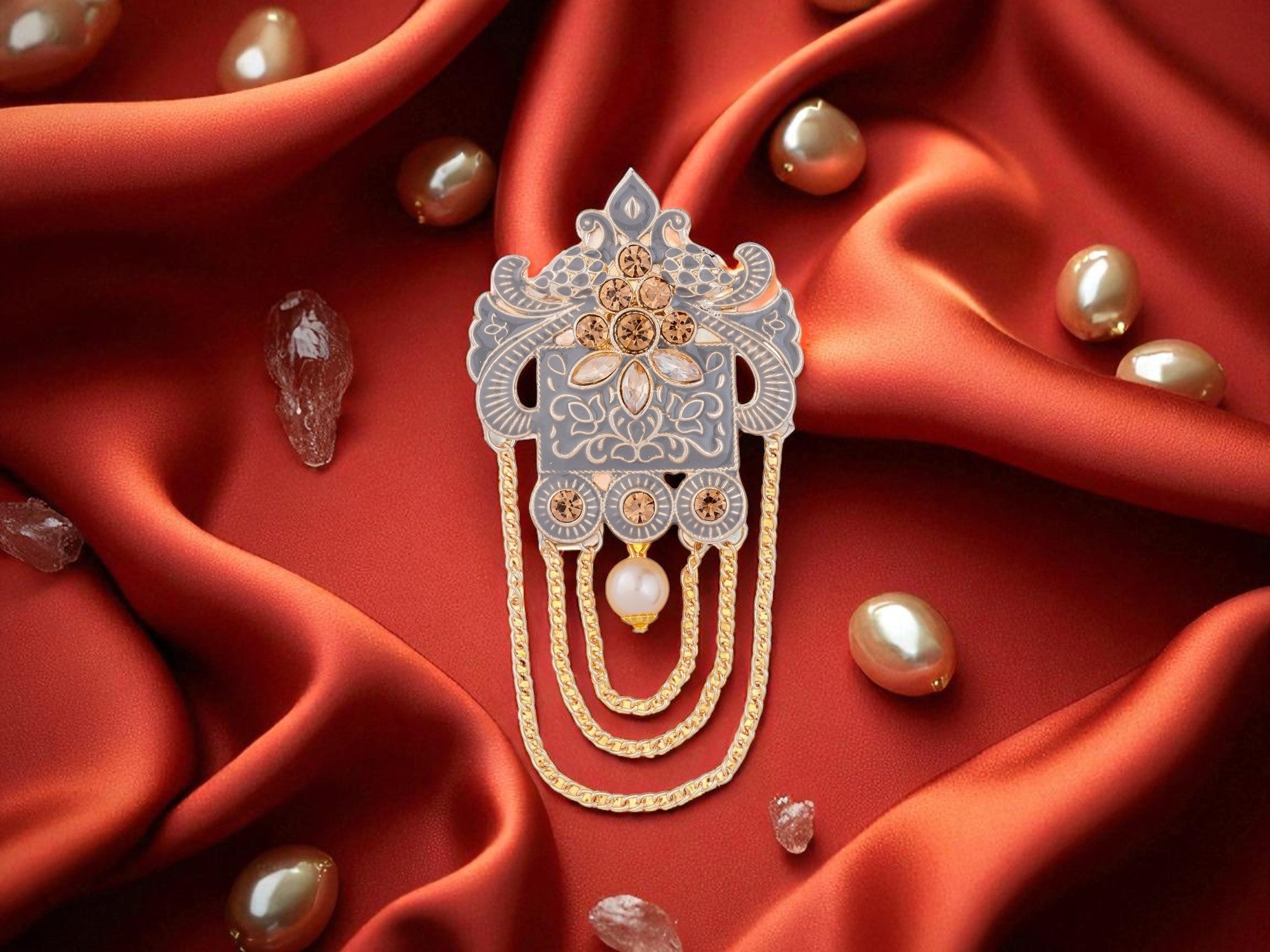 Royal Pearl & Kundan Groom's Brooch - Peach