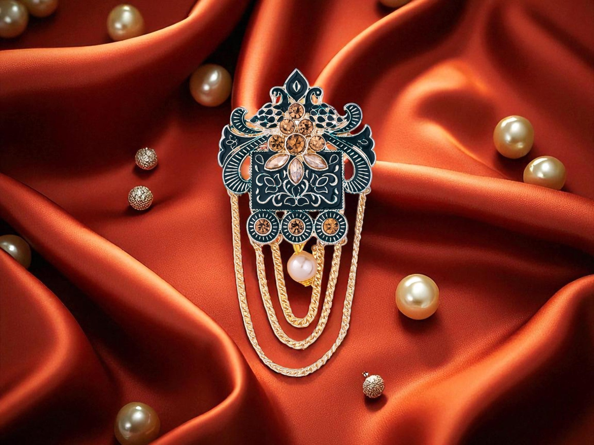 Royal Pearl & Kundan Groom's Brooch - Peach