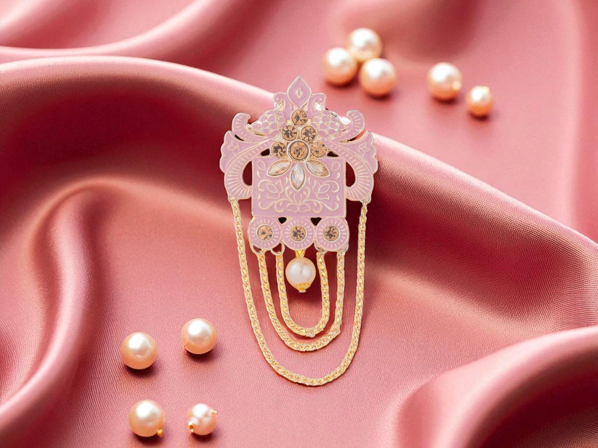 Royal Pearl & Kundan Groom's Brooch - Peach