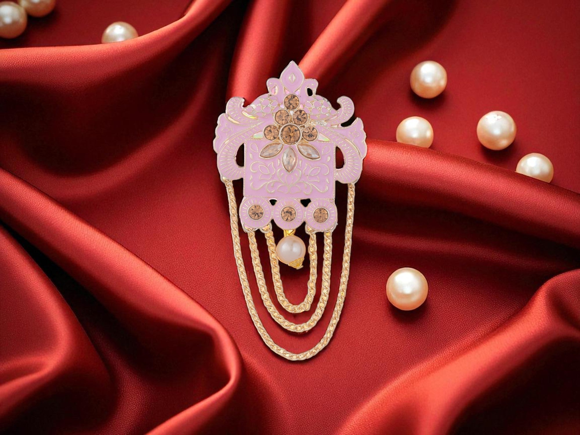 Royal Pearl & Kundan Groom's Brooch - Peach