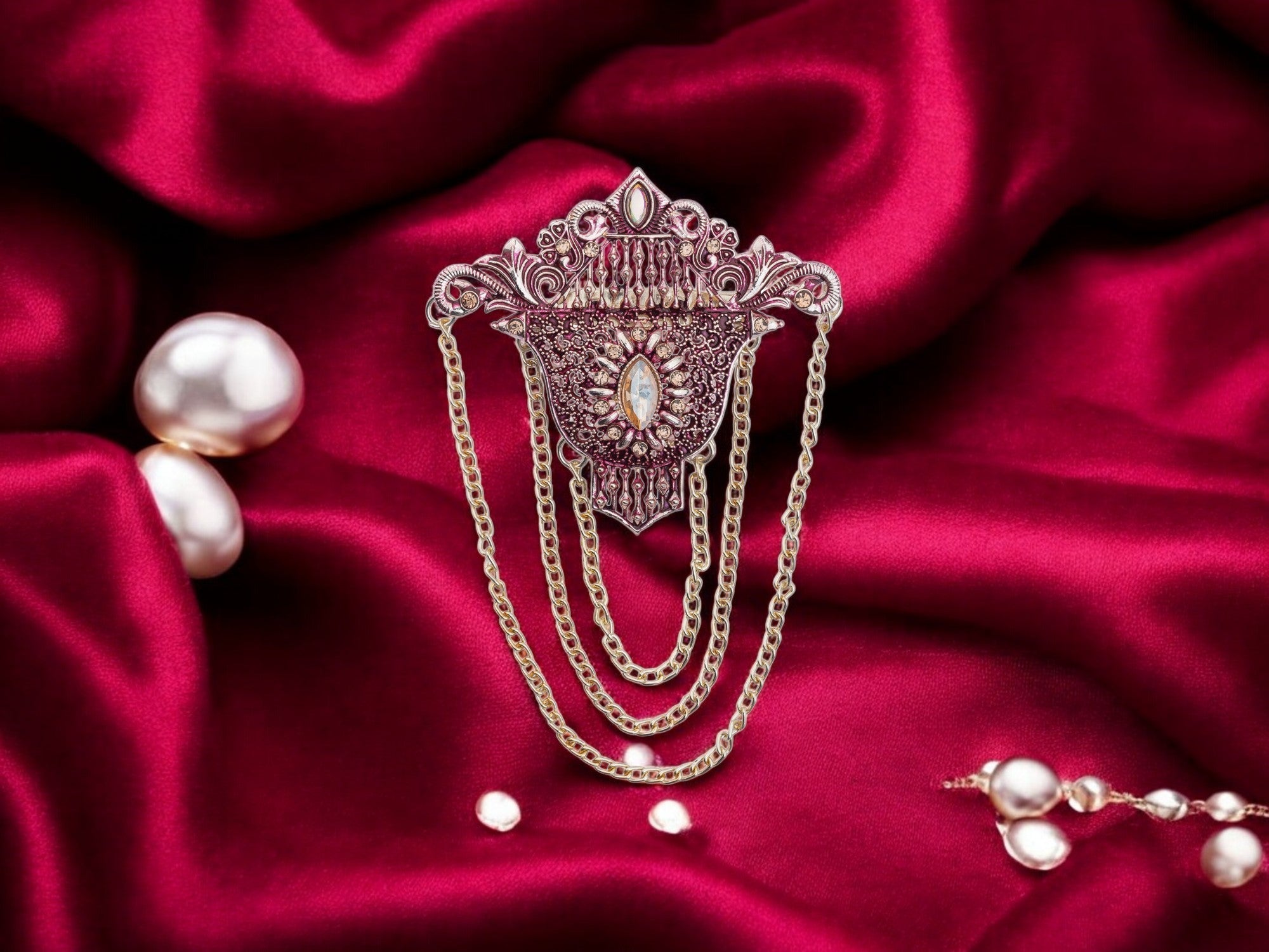 Elegant Groom's Brooch with Chain Detailing - Pink