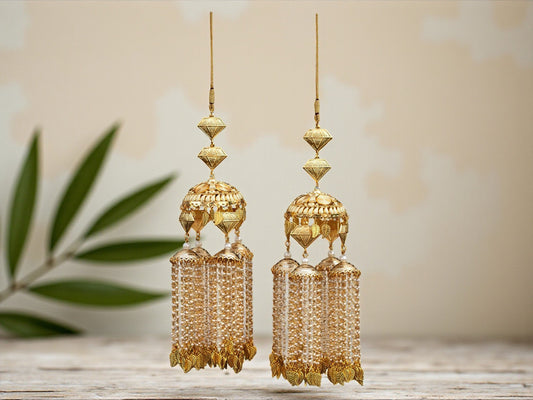Elegant Long Golden Bridal Kaleera with Pearl & Leaf Tassels