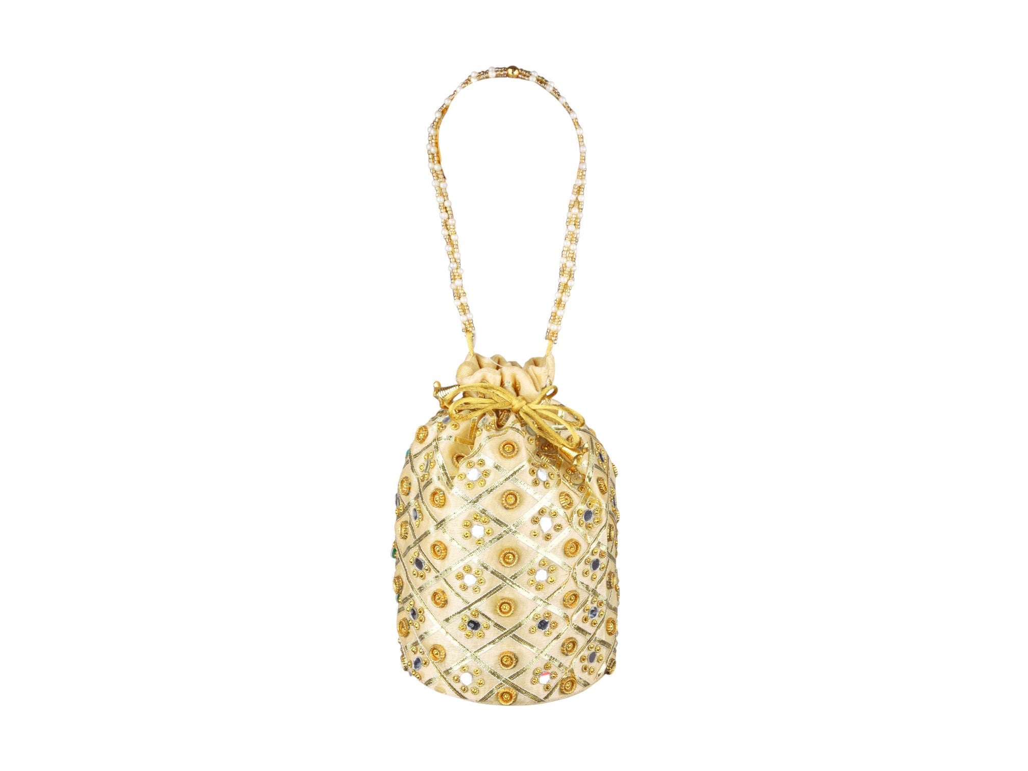 Embellished Silk Potli Bag with Beaded Handle - Beige - Image 2