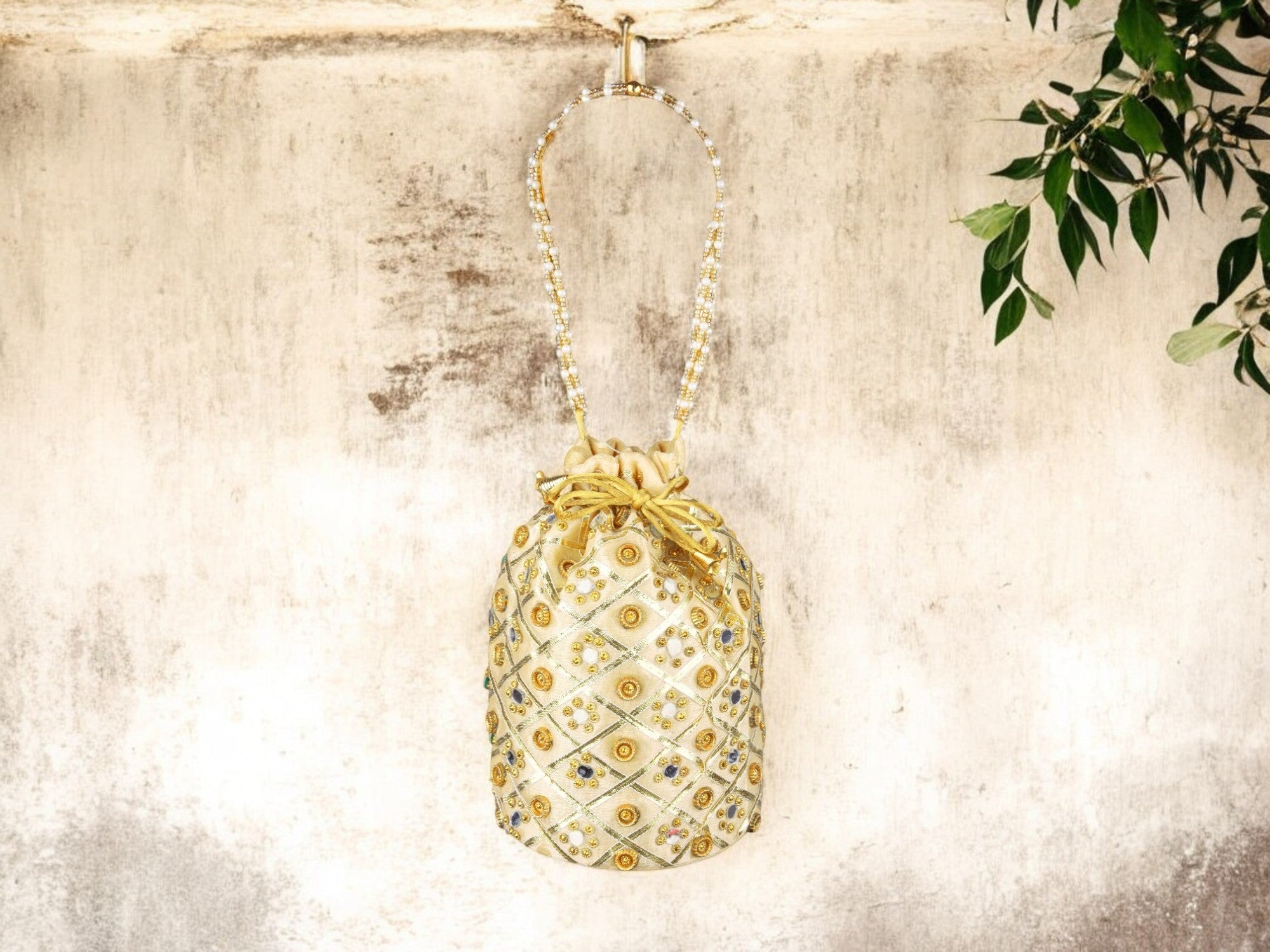 Embellished Silk Potli Bag with Beaded Handle - Beige - Image 1