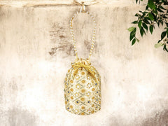 Embellished Silk Potli Bag with Beaded Handle - Beige - Image 1