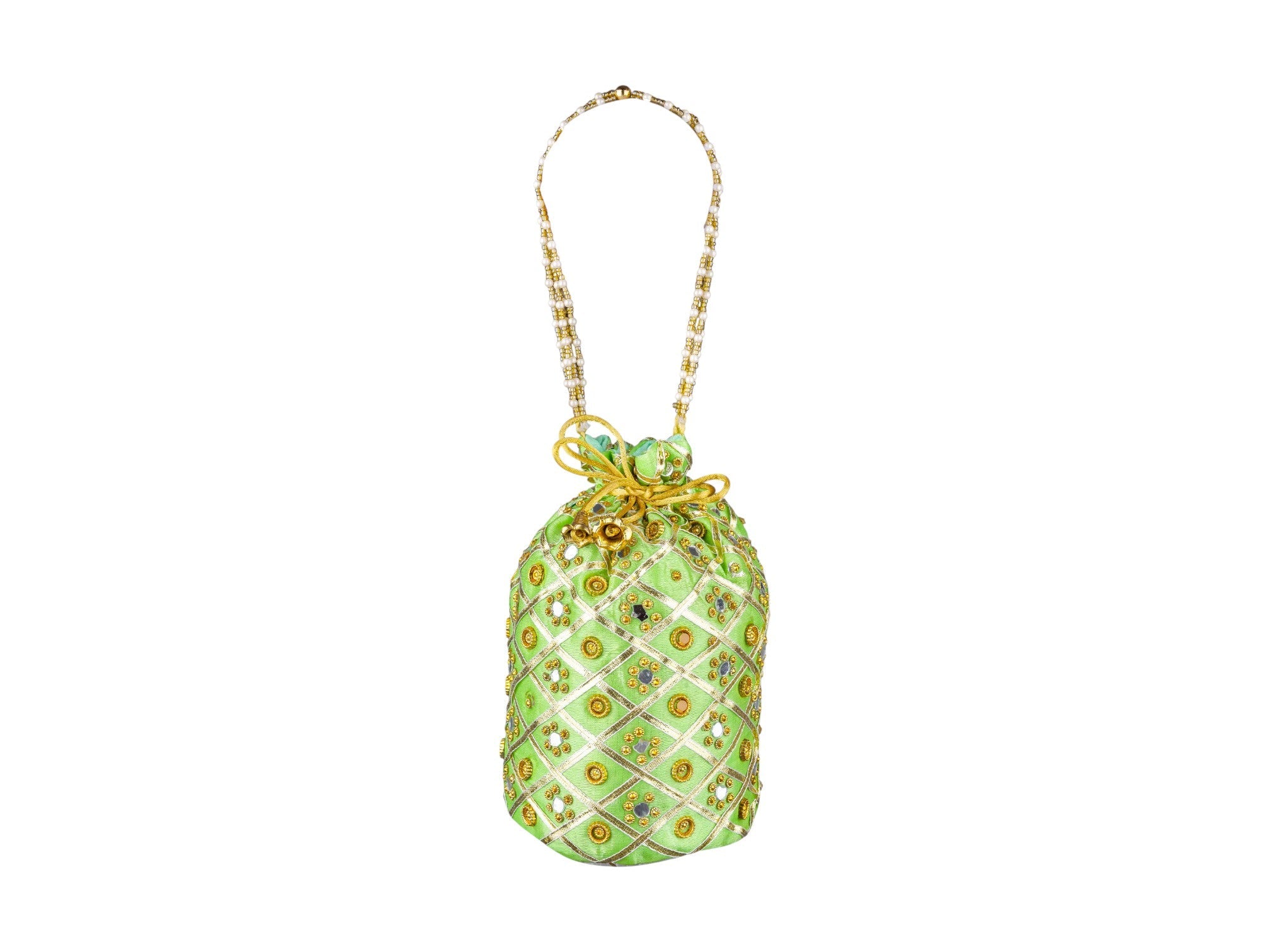 Embellished Silk Potli Bag with Beaded Handle - Green - Image 2