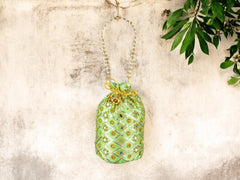 Embellished Silk Potli Bag with Beaded Handle - Green - Image 1