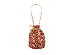 Embellished Silk Potli Bag with Beaded Handle - Maroon - Image 2