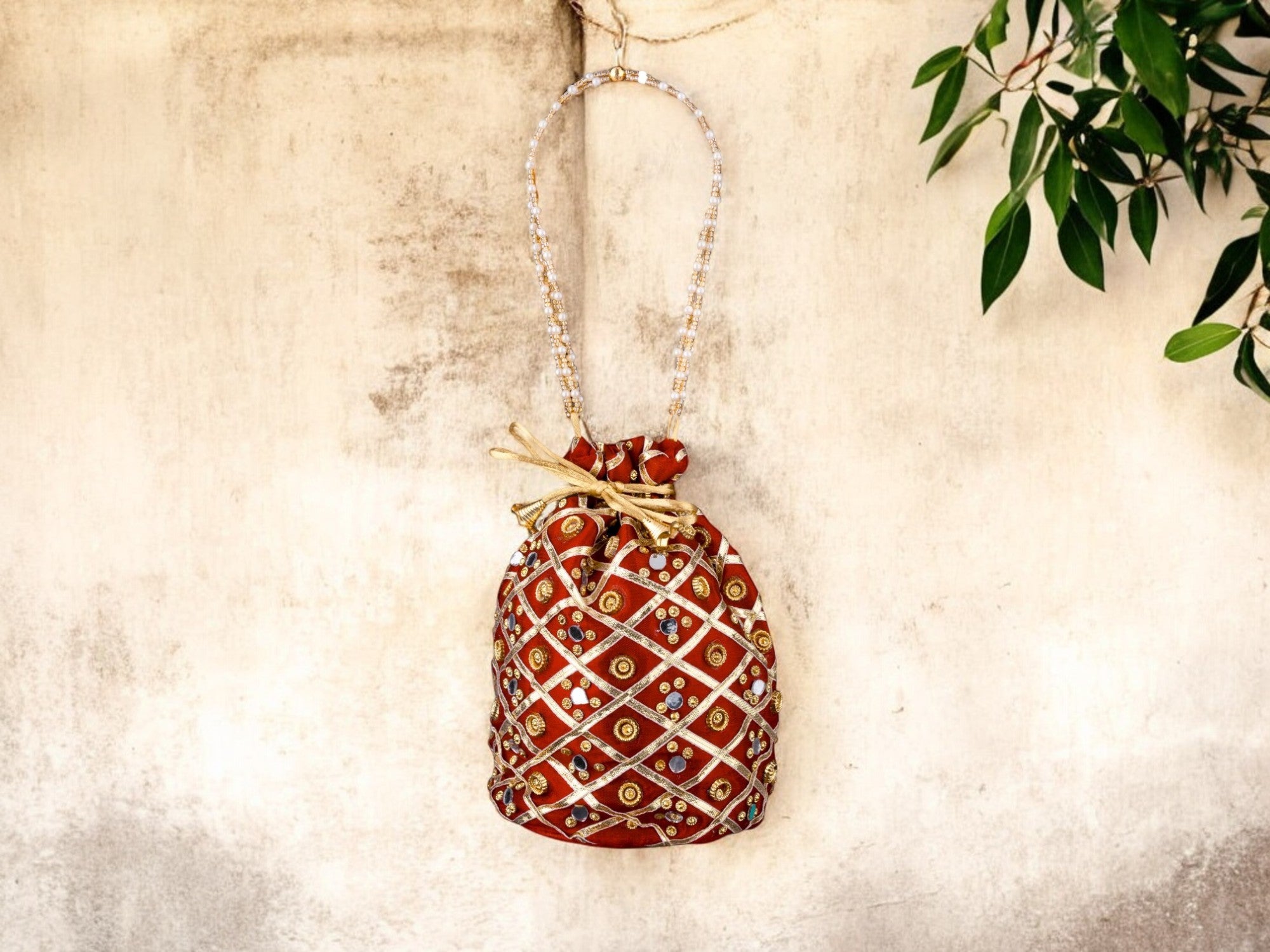 Embellished Silk Potli Bag with Beaded Handle - Maroon - Image 1