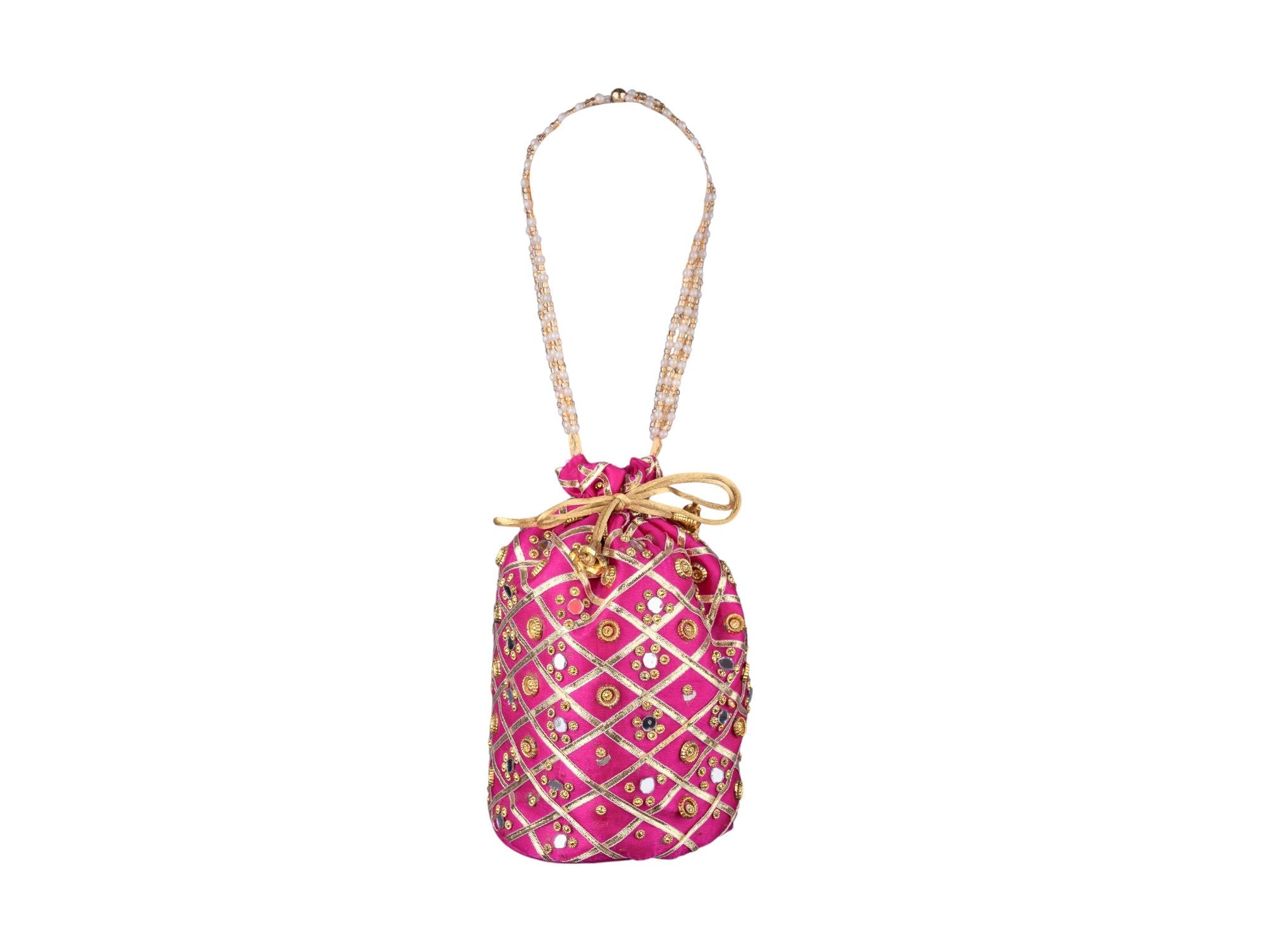 Embellished Silk Potli Bag with Beaded Handle - Pink - Image 2