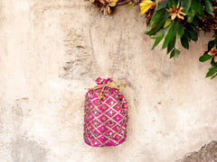 Embellished Silk Potli Bag with Beaded Handle - Pink - Image 1