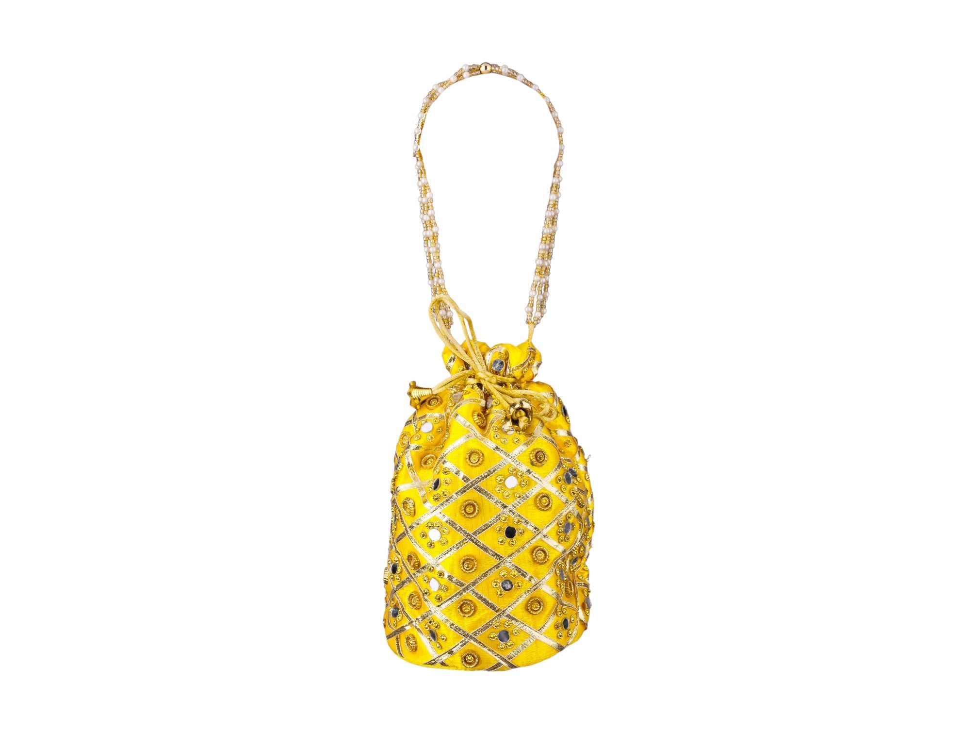Embellished Silk Potli Bag with Beaded Handle - Yellow - Image 2