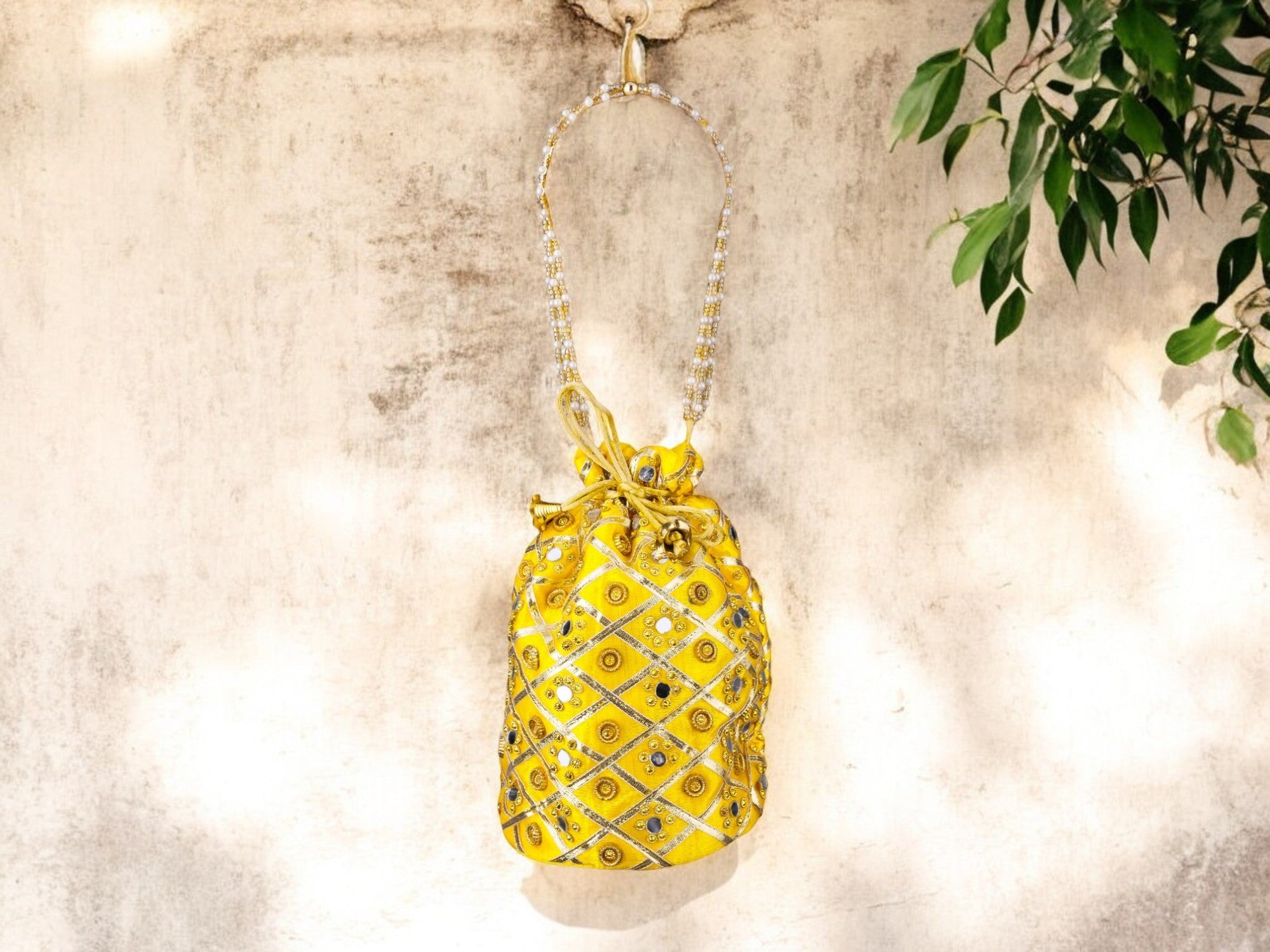 Embellished Silk Potli Bag with Beaded Handle - Yellow - Image 1