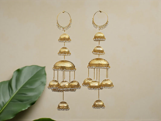 Ethnic Multi-Tier Golden Bridal Kaleera with Pearl Detailing