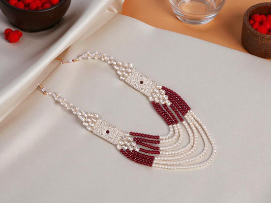 Ethnic Pearl & Red Bead Groom Mala with Kundan Embellishments