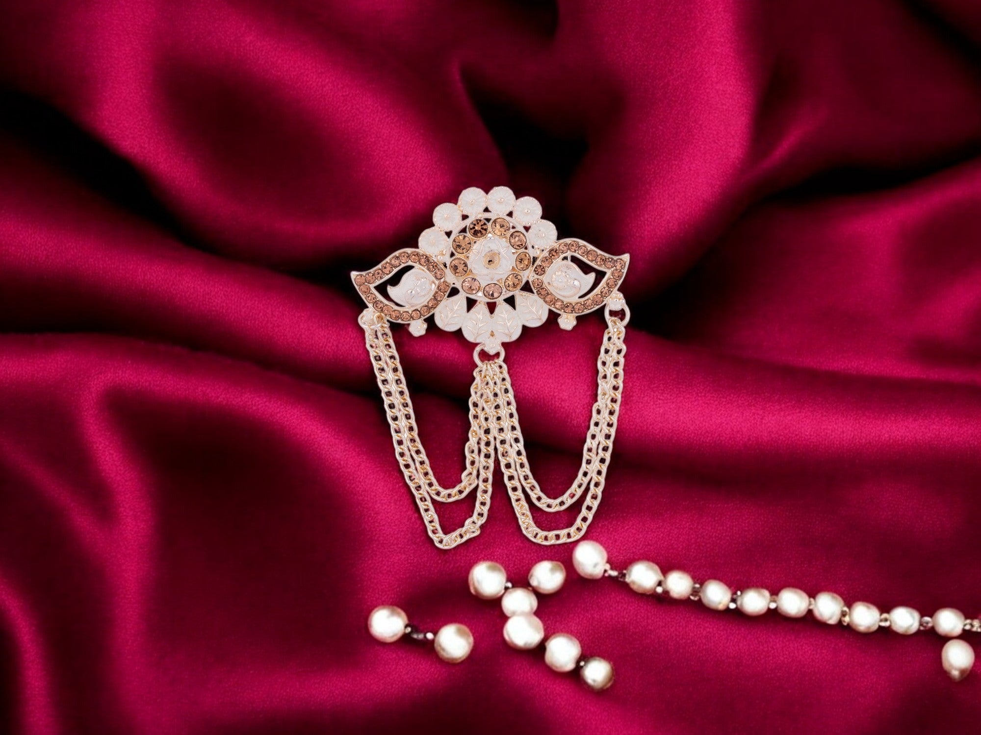 Floral Designer Groom's Brooch with Dual Chain - Peach