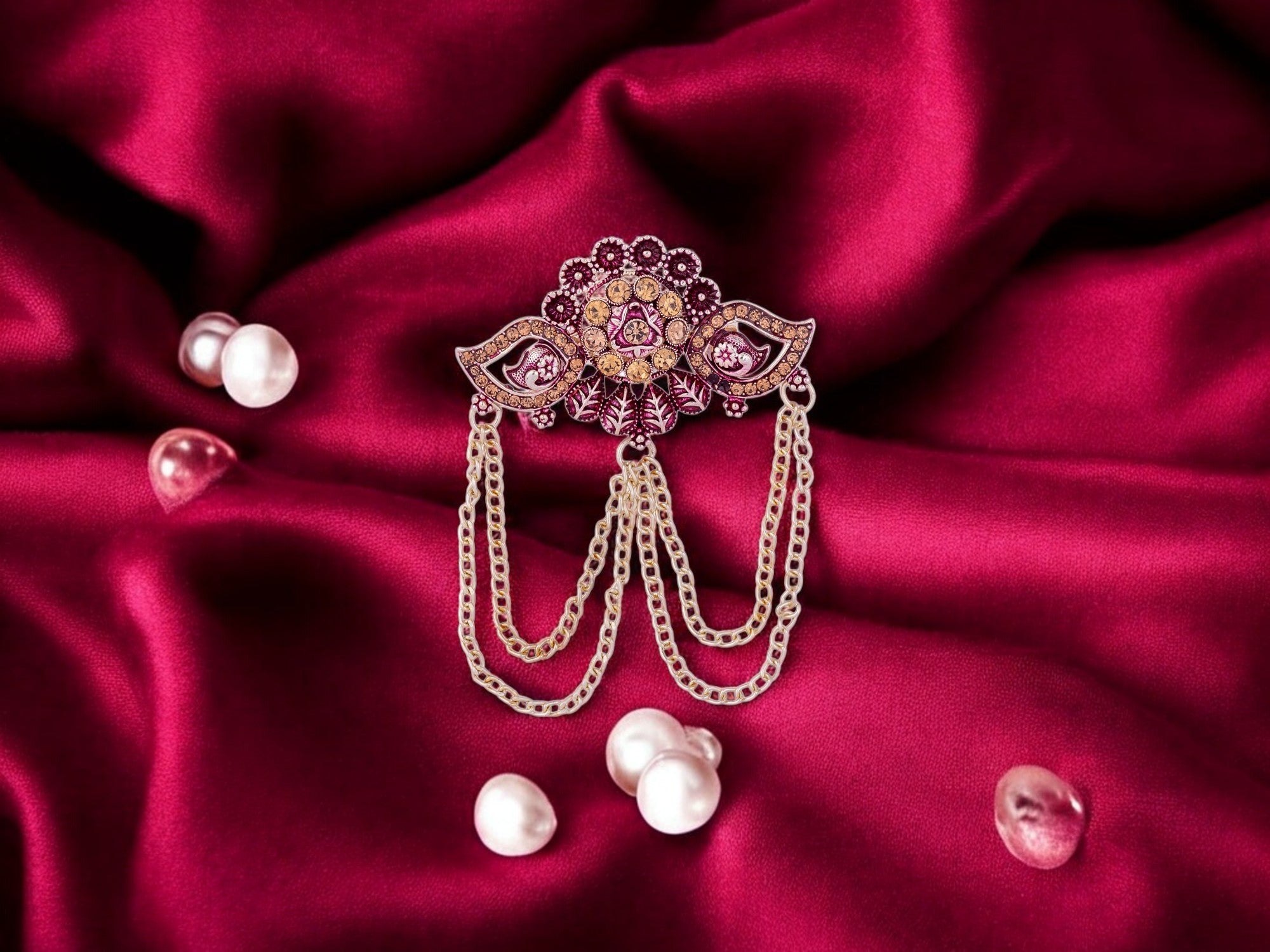 Floral Designer Groom's Brooch with Dual Chain - Peach