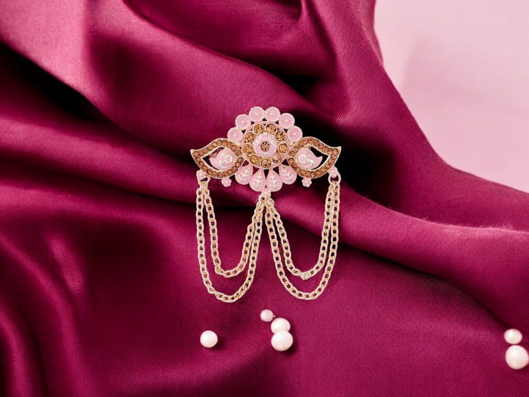 Floral Designer Groom's Brooch with Dual Chain - Peach