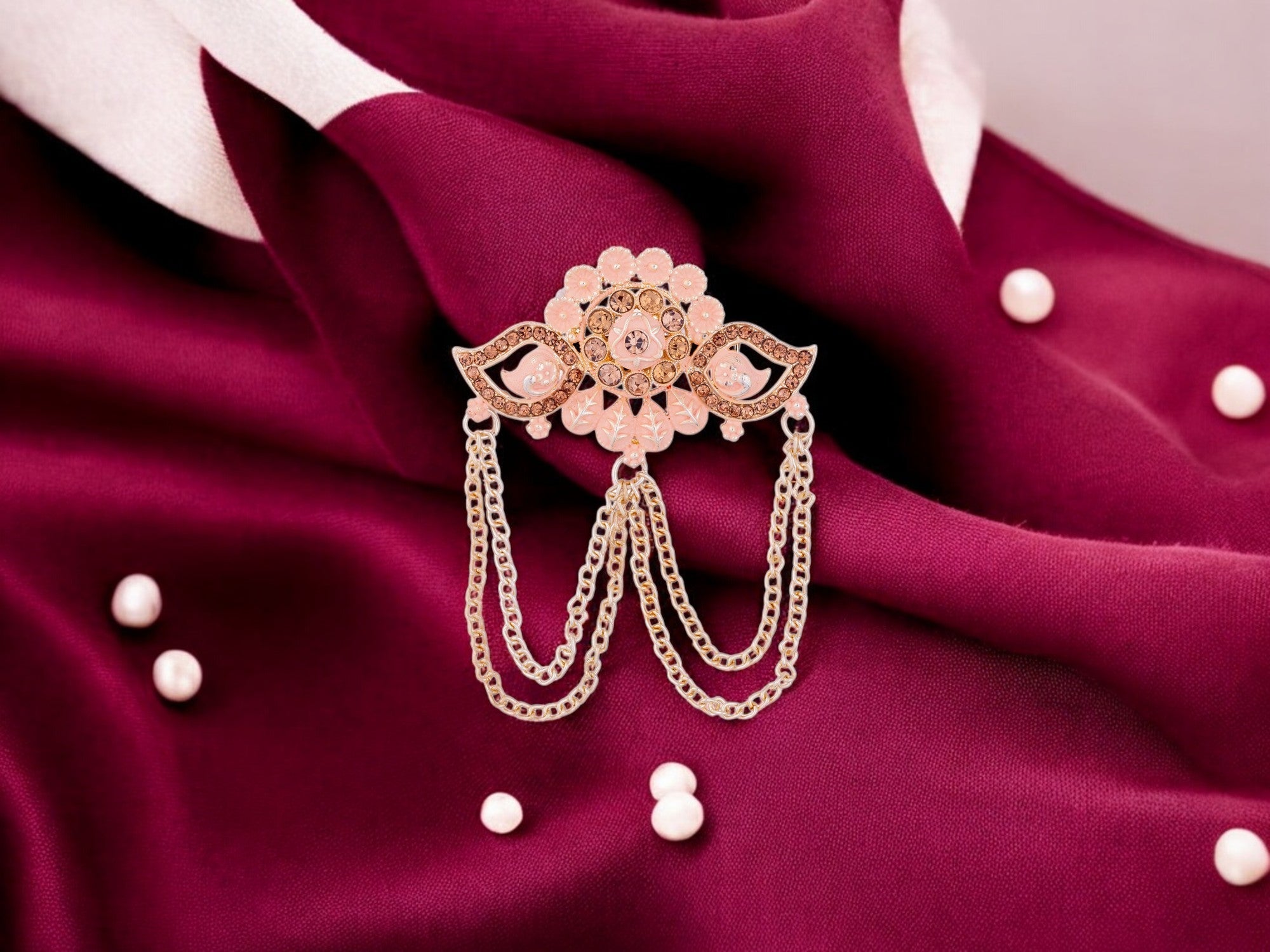 Floral Designer Groom's Brooch with Dual Chain - Peach