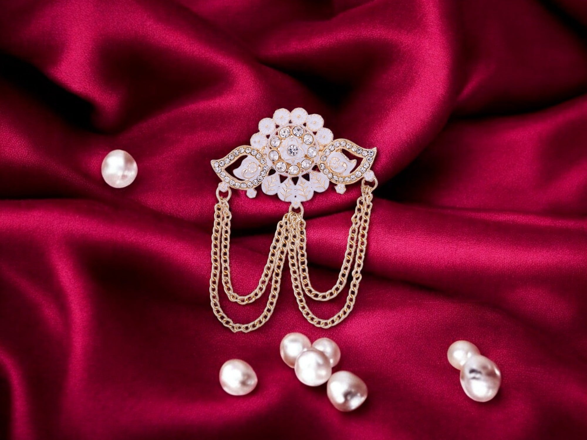 Floral Designer Groom's Brooch with Dual Chain - Peach