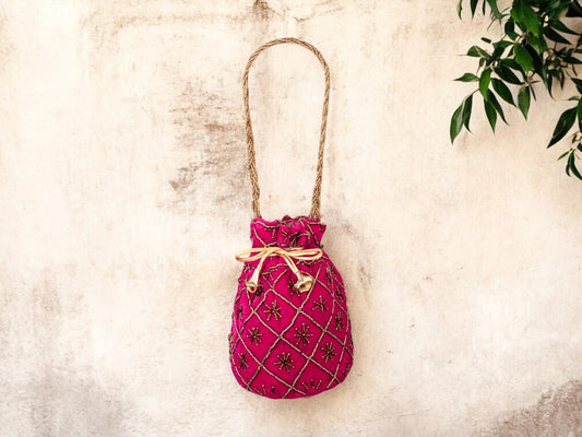 Fuchsia Embroidered Potli Bag with Golden Beadwork & Braided Handle - Pink - Image 1