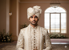 Ivory Embroidered Groom’s Pagdi with Safa & Pearl Kalgi