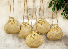 Bandhani Style Round Potli Bag with Golden Handle - Cream
