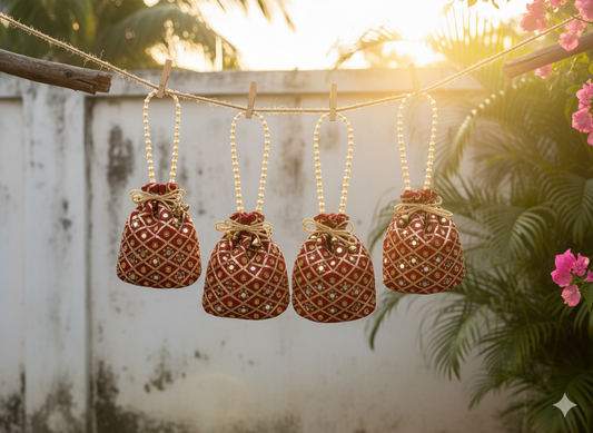 Embellished Silk Potli Bag with Beaded Handle Red - Pack of 5