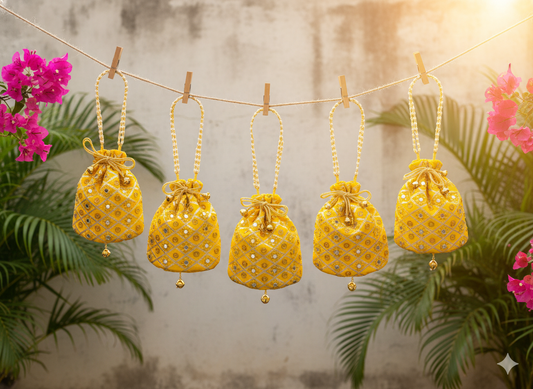 Embellished Silk Potli Bag with Beaded Handle Yellow